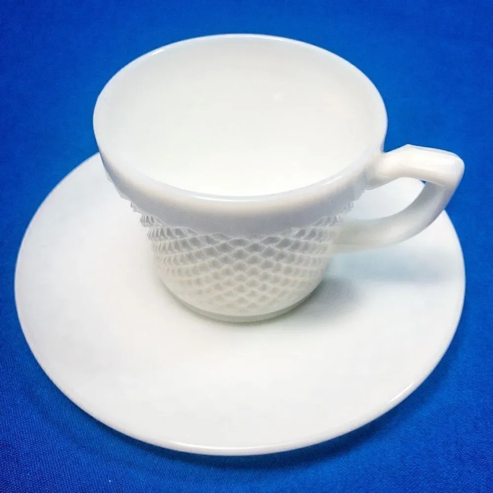 VTG Westmorland English Hobnail Milk Glass Cup & Saucer -Service for 4